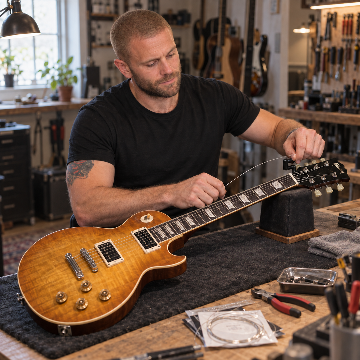 Marcus restringing a guitar in the workshop